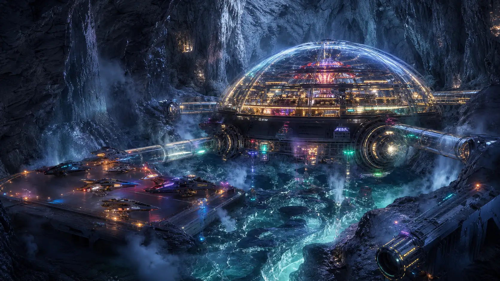 Exterior del Bar El Cielo, un edificio semiesférico iluminado dentro de una cueva helada del cinturón de asteroides, conectado a plataformas de aterrizaje por pasillos transparentes.